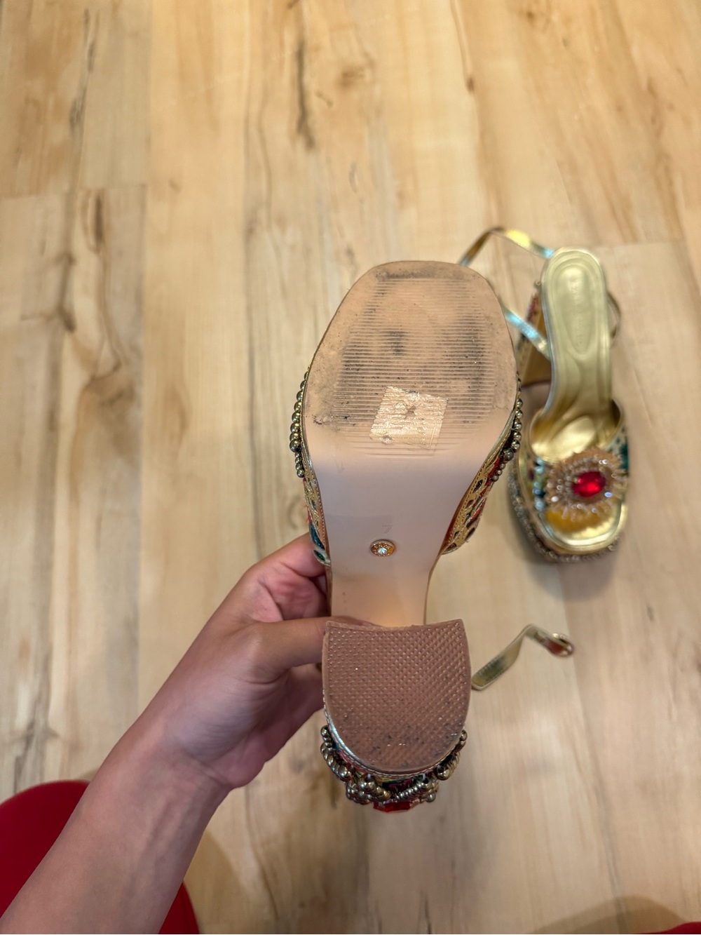 Gold Platform Slingback Heels with Red Gem Accents - Picture 6 of 6